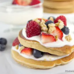 Berry yogurt parfait pancakes.