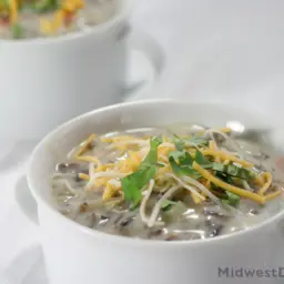 Bowls of creamy wild rice and mushroom soup.