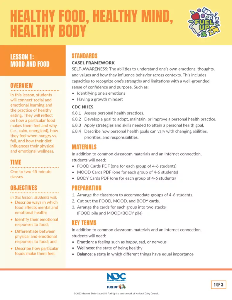 Image of a lesson plan from Fuel Up about healthy food, mind, and body.