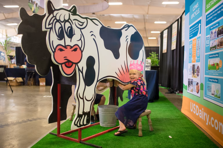 Little girl milking a fake cow and smiling at the camera