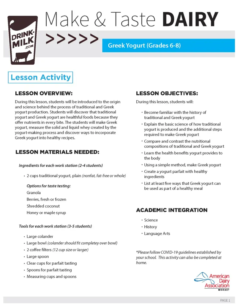 Make and Taste Greek Yogurt Grades 6-8 ADA