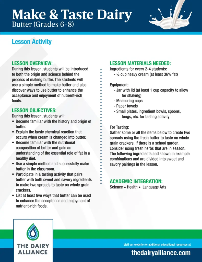 Make and Taste Butter Grades 6-8 Dairy Alliance