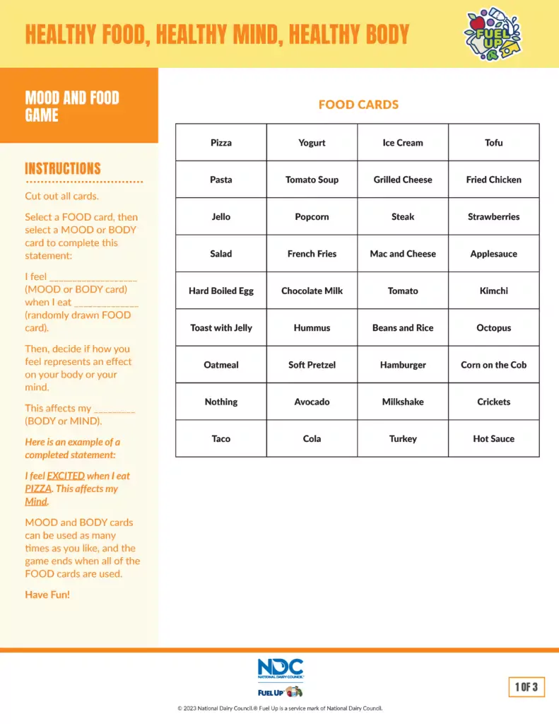 Food card examples from a Fuel Up lesson plan.