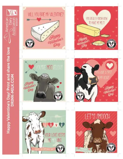 Printable Valentine's Day Cards featuring dairy