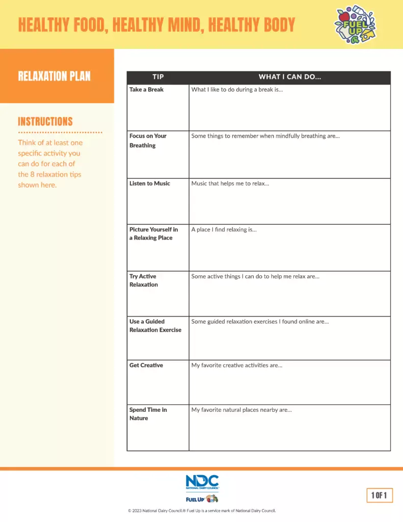 Relaxation planner part of a lesson plan from Fuel Up.