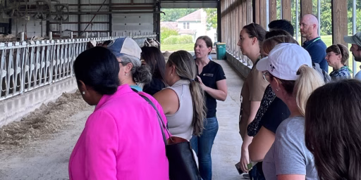 Dairy farmer presenting to farm tour attendees