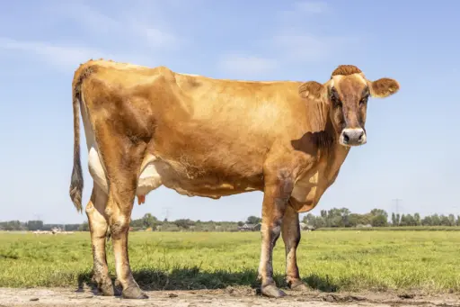 Brown swiss dairy cow stands proudly in a pasture, tall and long legs, fully in focus, blue sky, standing on green grass in a meadow