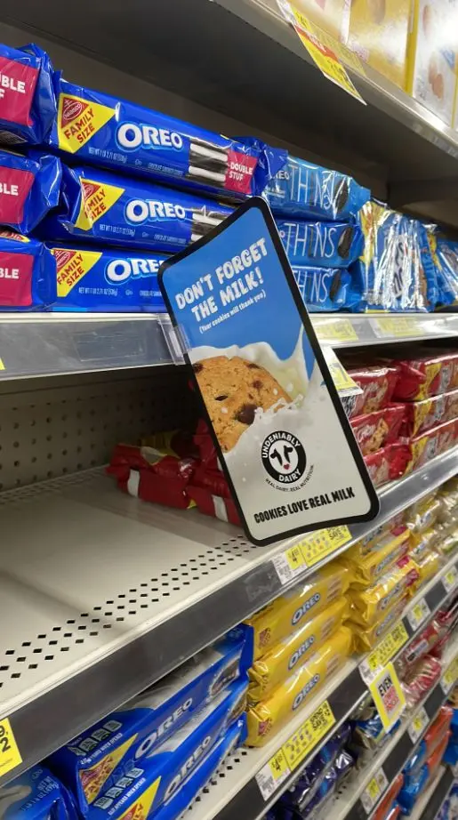 Dollar General cookie aisle with milk sign