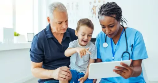 Rural health provider with child patient and parent