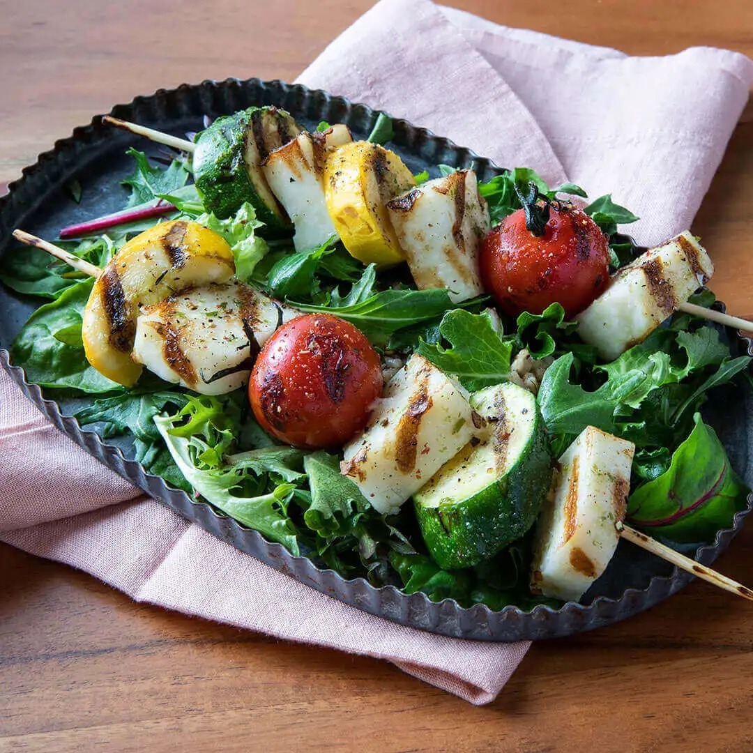 Grilled Halloumi and Veggie Skewers