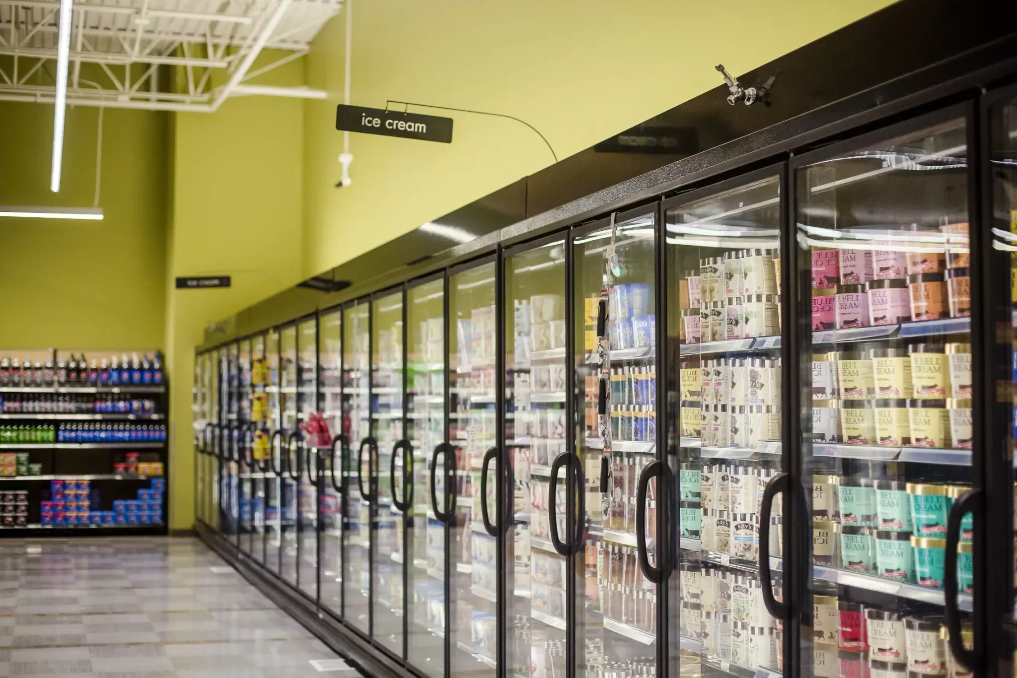 aisle of ice cream in grocery store