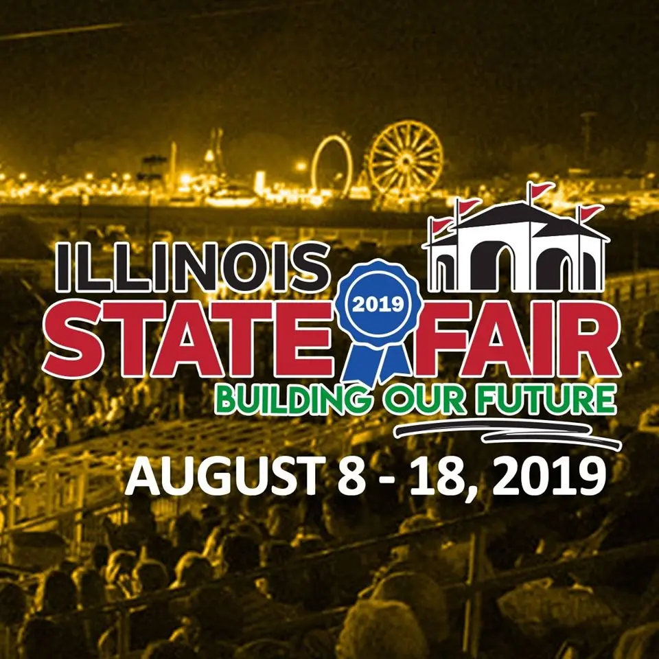 Picture of fairgrounds and text promoting the Illinois State Fair.