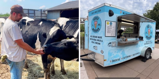 Kevin Korbel with cows and his Udder Buddies ice cream truck