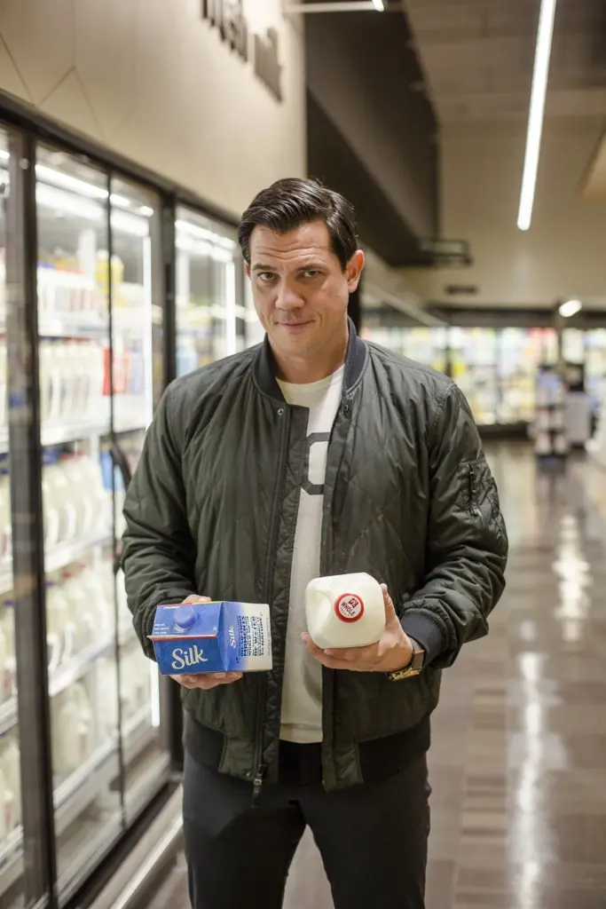 Man holding milk and non-milk bottles