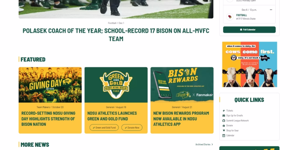 Screenshot of NDSU Bison Athletics webpage with dairy ad