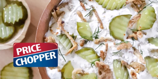 Close up of dill pickle dip and Price Chopper logo