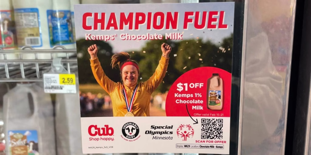Image of Special Olympics ad on a dairy case door
