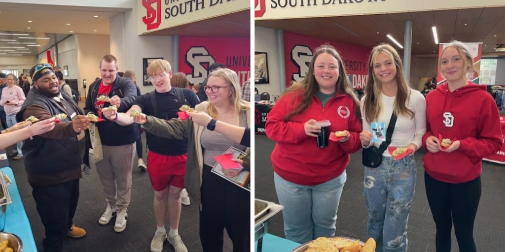 Two photos showing Gen Z college students smiling at the camera